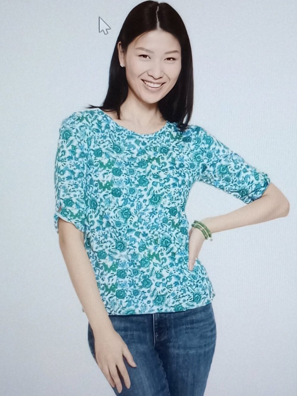 TALBOTS Petite Small Elbow Sleeve Knot Top Tee White Jumping Jacobean Print